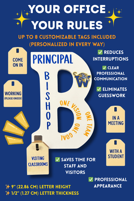 Customizable Office Door Sign - Personalized Principal, Teacher & Staff Name Signs - Professional Wood Letters with Hanging Tags (9" Height)