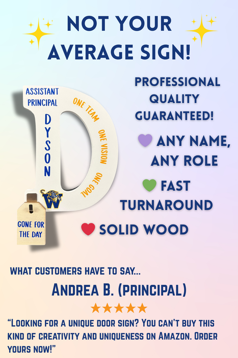 Customizable Office Door Sign - Personalized Principal, Teacher & Staff Name Signs - Professional Wood Letters with Hanging Tags (9" Height)